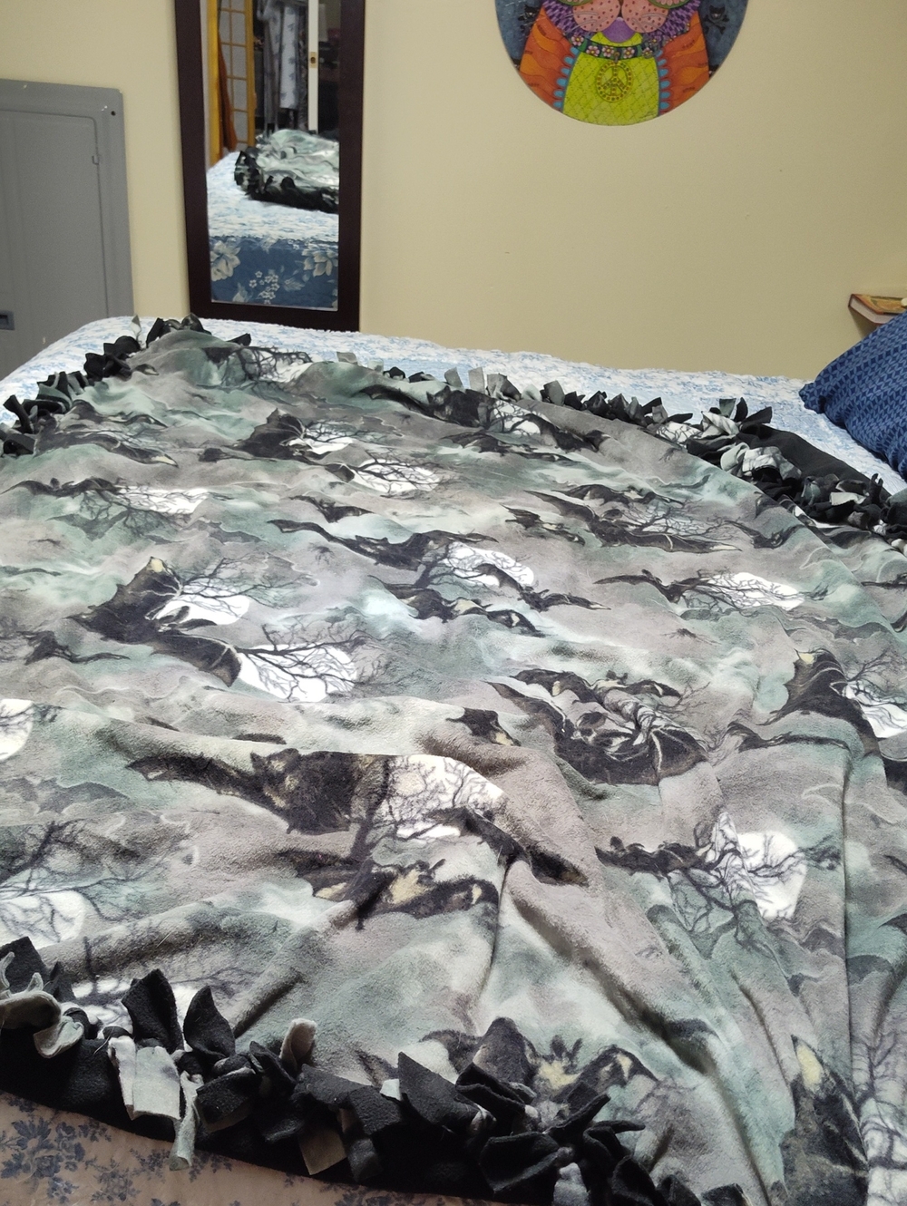 Cozy Bats Fleece Tie-Edge Throw Blanket in Green and Gray